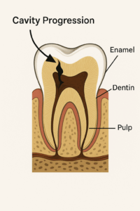 diagram showing cavity progression through enamel and dentin toward the pulp of a tooth