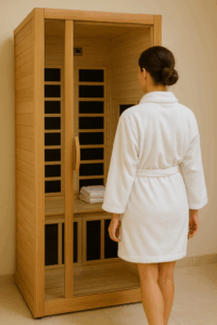 Woman entering a Maxxus Gracia low EMF infrared home sauna wearing a white robe in a wellness setting
