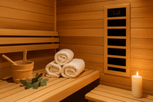 Interior of a wooden infrared sauna prepared for infrared sauna therapy, with white towels, eucalyptus leaves, and a lit candle to promote wellness and relaxation