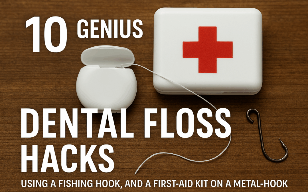10 genius dental floss hacks with floss, hook, and first aid kit on a wooden surface