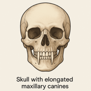 Illustration of a human skull with elongated maxillary canines, created for entertainment purposes to represent real vampire teeth cases.