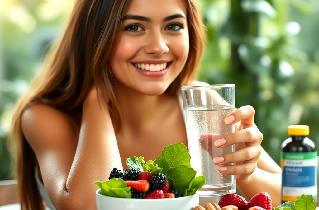 Close-up of a bright, healthy smile with a glass of water and a bowl of fresh fruits, symbolizing natural bio-hacks for keeping teeth young and healthy.