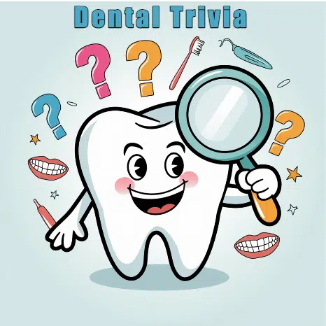 A vibrant and playful image featuring a smiling cartoon tooth holding a magnifying glass, surrounded by colorful question marks and icons related to dental trivia and care.