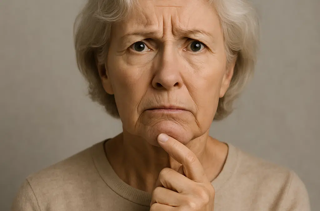 Older woman looking concerned with hand on chin against neutral background