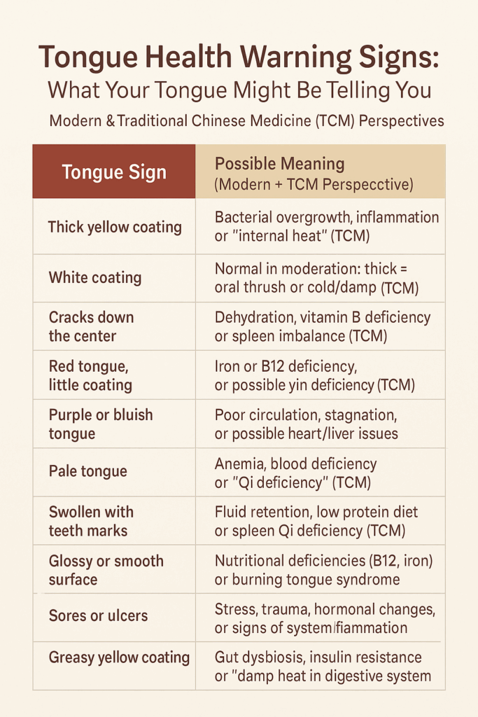 Tongue health warning signs chart showing 10 common tongue conditions and their possible meanings from modern and Traditional Chinese Medicine (TCM) perspectives.