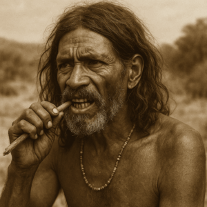 Sepia-toned portrait of an indigenous man using a chew stick for teeth cleaning, showing how people cared for their teeth before toothbrushes.