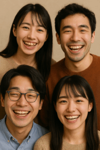 Four smiling young East Asian adults, two men and two women, standing closely together and showing distinct yaeba teeth with prominent upper canines, dressed in casual sweaters and shirts against a soft beige background.