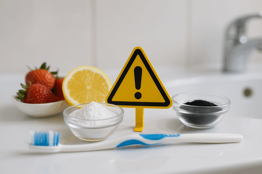 DIY teeth whitening dangers highlighted with lemon, strawberries, baking soda, and charcoal powders arranged as risky home whitening hacks.