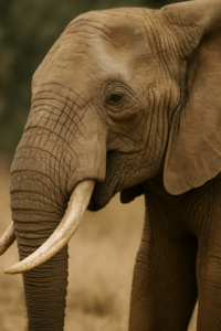 Close-up of an African elephant's face and tusk, showing detailed skin texture and warm natural lighting.