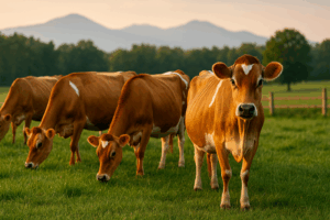 Jersey heritage dairy cows grazing in a green pasture at golden hour with a rustic fence and mountains in the background—breeds known to produce more A2 beta-casein.