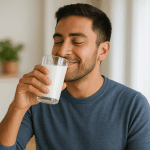 Man smiling with eyes closed while enjoying a glass of A2 milk in a bright, relaxed home setting.