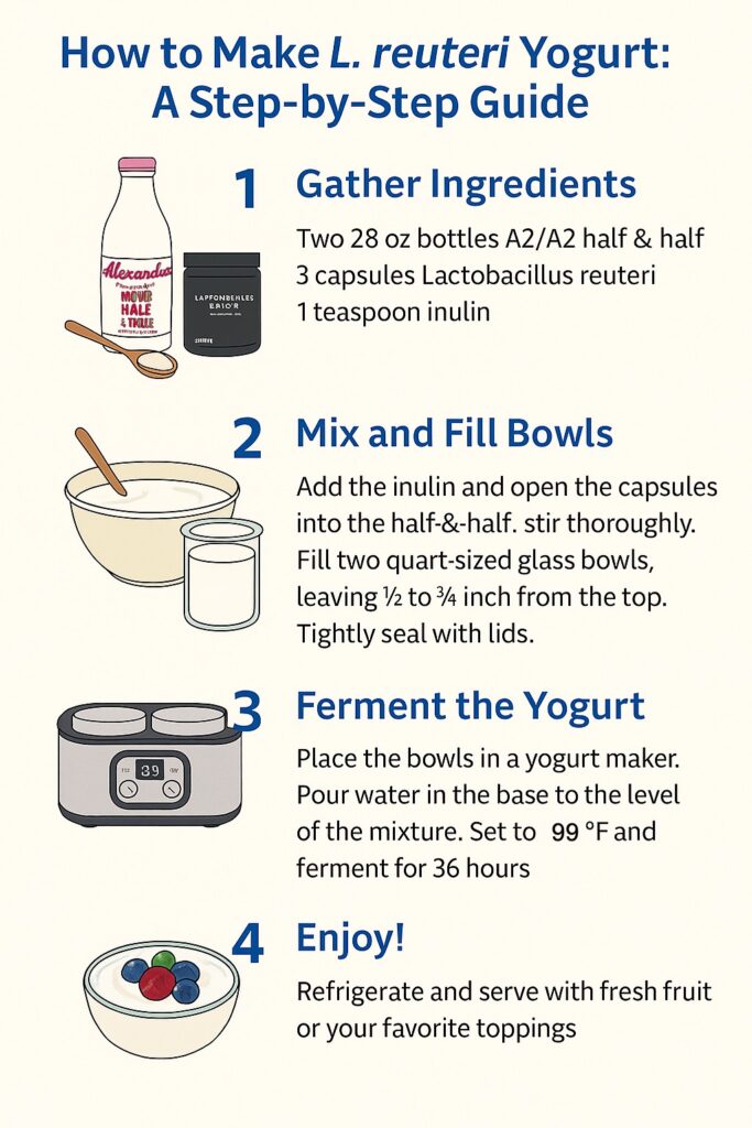 Step-by-step guide to making L. reuteri yogurt using A2/A2 half & half, probiotics, and inulin. Includes preparation tips: leave ½–¾ inch from bowl top, mix well, tighten lids, ferment at 99°F for 36 hours, then refrigerate and optionally add fruit or monkfruit for flavor.