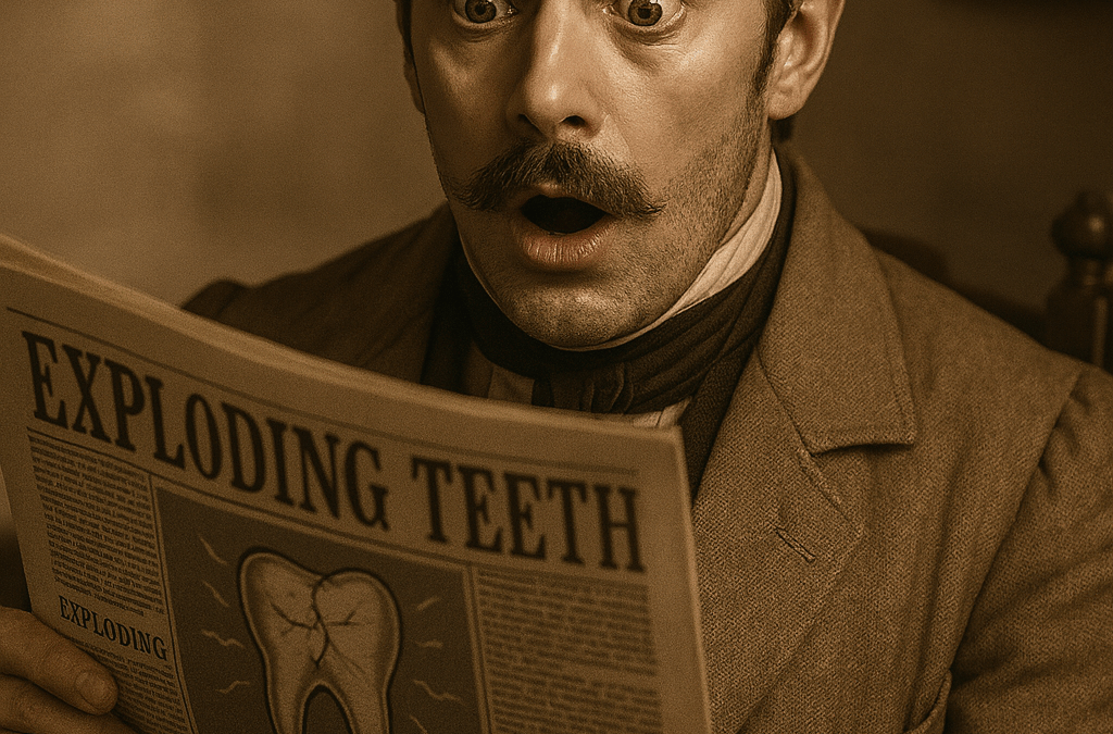 Sepia-toned illustration of a shocked Victorian man reading a newspaper with a headline about exploding teeth, evoking 19th-century dental folklore.