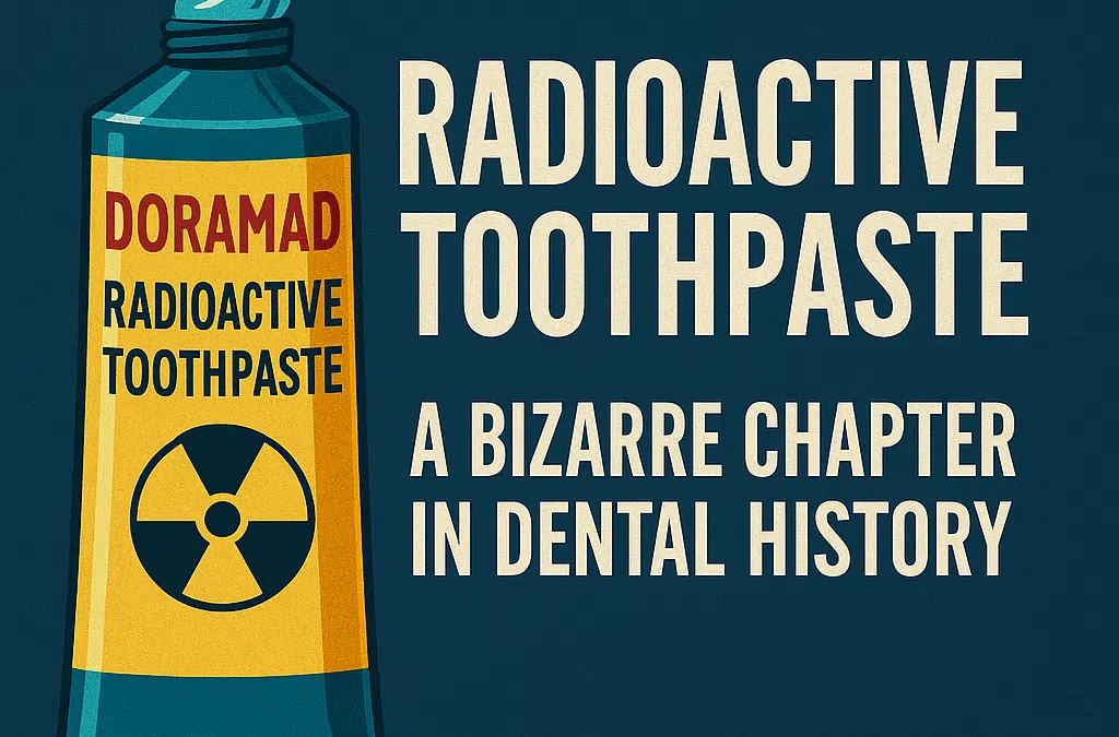 Vintage-style illustration of Doramad radioactive toothpaste with glowing green details, featuring bold retro typography that reads ‘Radioactive Toothpaste – A Bizarre Chapter in Dental History.’