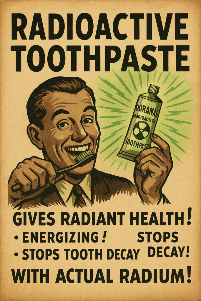 Vintage advertisement for Doramad radioactive toothpaste, styled as a 1930s poster, showing a smiling man brushing his teeth with glowing toothpaste and bold claims like ‘Gives Radiant Health’ and ‘With Actual Radium.’