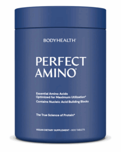 Perfect Amino supplement bottle by BodyHealth – essential amino acids optimized for maximum utilization, 600 vegan tablets