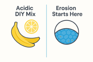 Educational infographic comparing a DIY banana peel whitening hack labeled ‘Acid Mix’ with an image of tooth enamel labeled ‘Acid Erosion,’ showing how acidic mixtures can damage enamel.