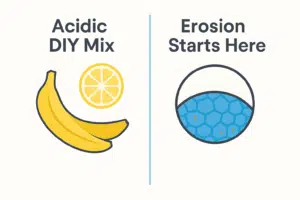 Educational infographic comparing a DIY banana peel whitening hack labeled ‘Acid Mix’ with an image of tooth enamel labeled ‘Acid Erosion,’ showing how acidic mixtures can damage enamel.