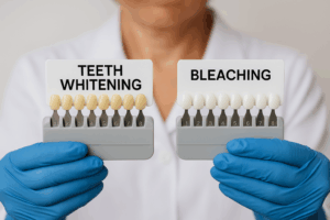 Dentist comparing shade guides to show results of teeth whitening vs bleaching treatments