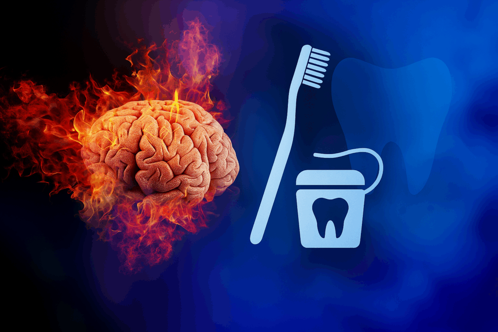 Illustration showing the connection between gum disease and brain health, with an inflamed brain on the left and oral care tools like a toothbrush and floss on the right symbolizing prevention and reduced inflammation.