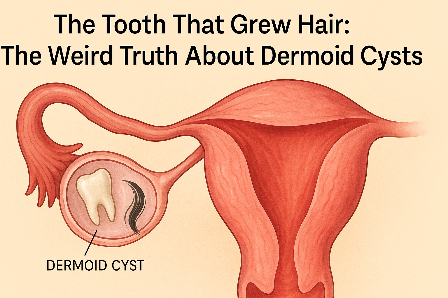 Medical illustration of an ovarian dermoid cyst containing a tooth and hair, labeled for educational use — the weird truth behind dermoid cysts.