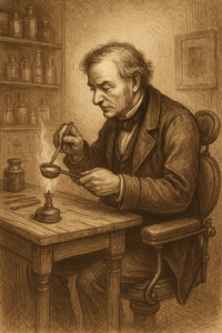 19th-century dentist melting lead over a flame to create early tooth fillings, vintage sepia illustration.