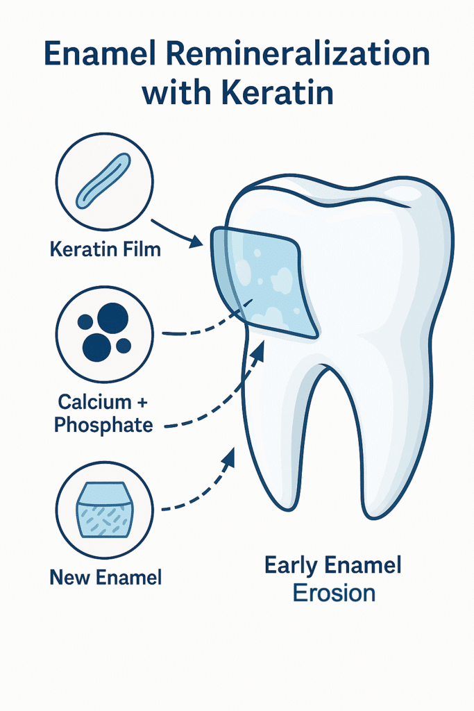 Infographic explaining enamel remineralization with keratin, showing a keratin film, calcium and phosphate ions, and the formation of new enamel on a tooth with early erosion.