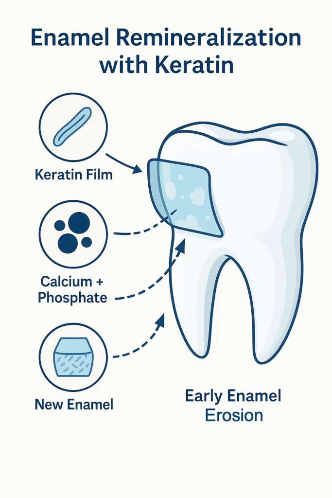 Infographic explaining enamel remineralization with keratin, showing a keratin film, calcium and phosphate ions, and the formation of new enamel on a tooth with early erosion.