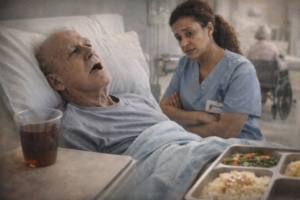 Oral health in nursing homes showing an edentulous elderly patient receiving care assistance during mealtime.