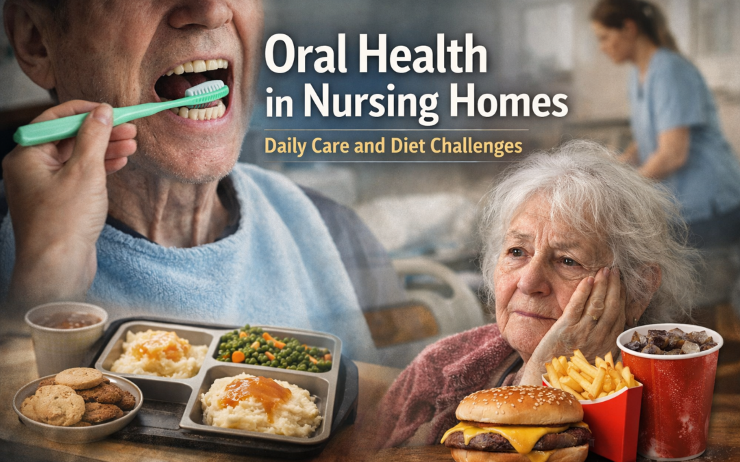 Oral health in nursing homes showing daily toothbrushing assistance and dietary challenges affecting elderly residents.