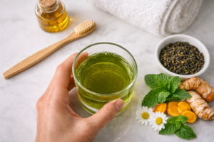 Herbs for oral health prepared as a natural mouth rinse with mint, turmeric, and chamomile