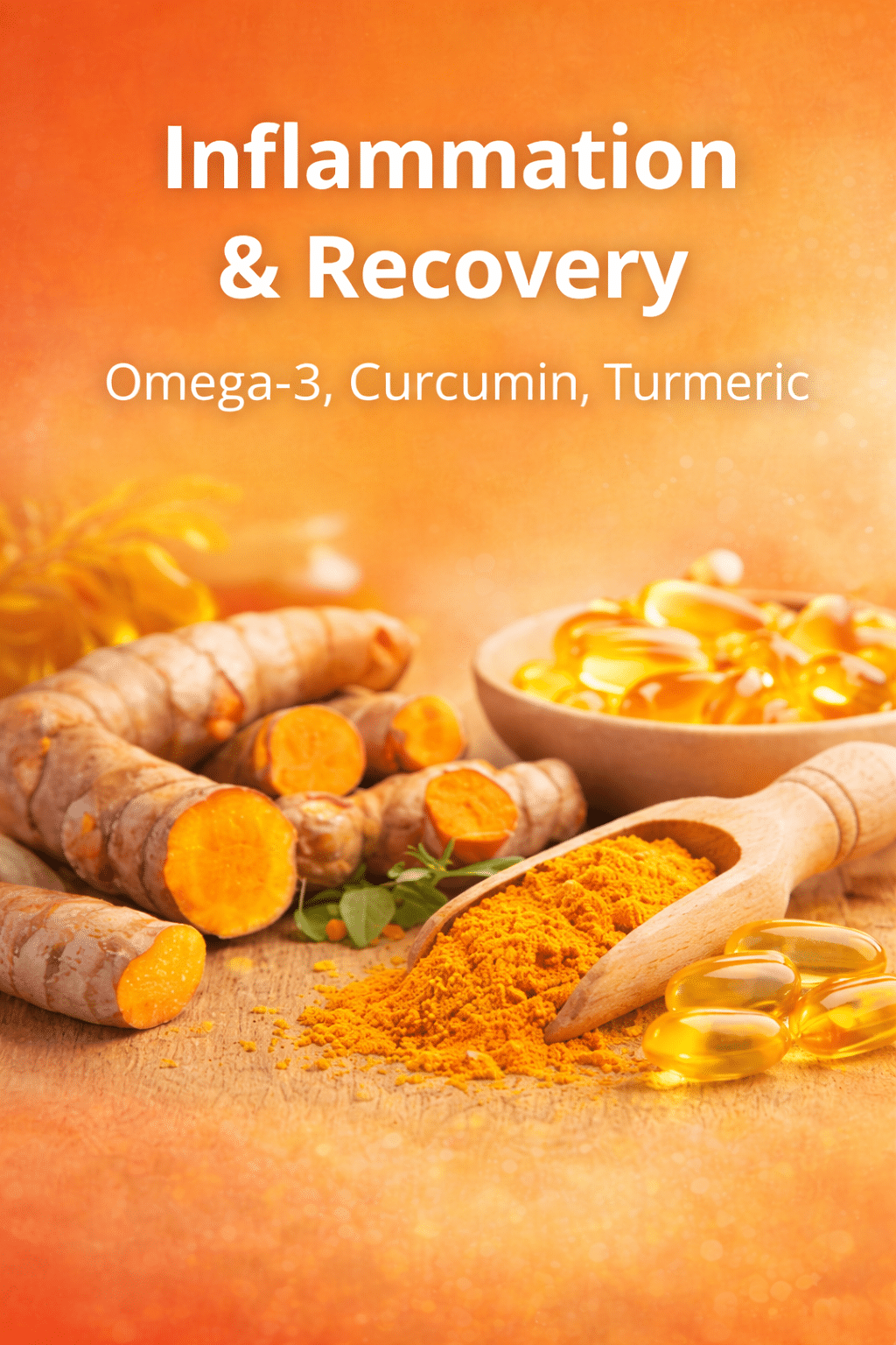 nflammation and recovery supplements featuring omega-3, curcumin, and turmeric with natural ingredient imagery