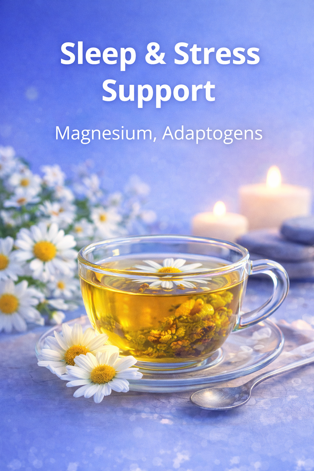Sleep and stress support supplements featuring magnesium and adaptogens with calming chamomile tea imagery