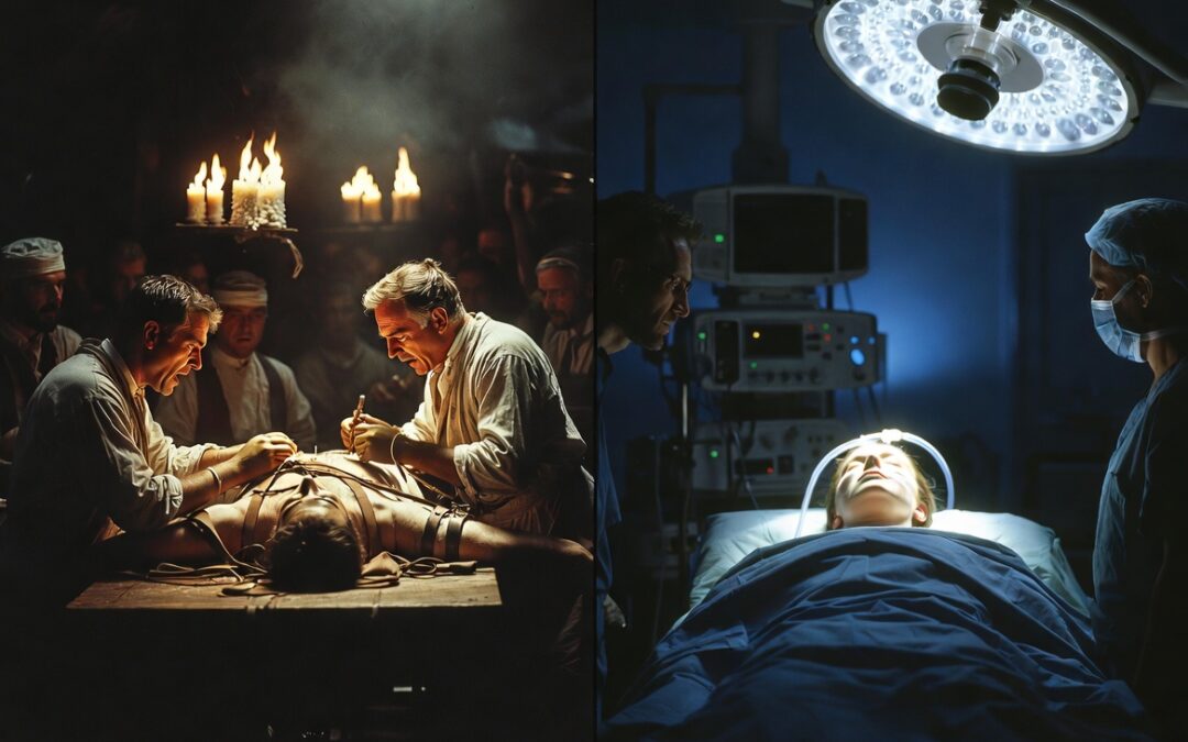 Split image showing 19th century surgery without anesthesia beside a modern operating room with anesthetized patient